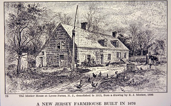 Boerderij in New Jersey gebouwd in 1676, naar een tekening uit 1886 door E. J. Meeker door School American