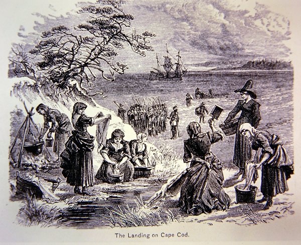 Pilgrim Fathers landen in Amerika in 1620 - De landing bij Cape Cod toont vrouwen aan het werk door School American