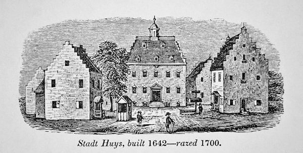 Het Nederlandse Stadt Huys, Nieuw Amsterdam (New York), gebouwd in 1642 en gesloopt in 1700 door School American