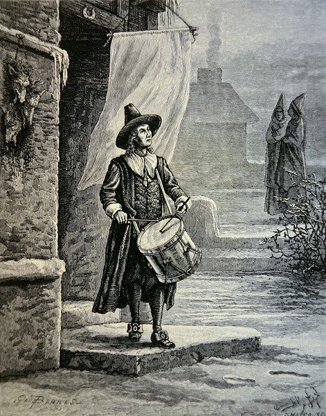 De kerkklok van de puritein was een trommelaar door School American