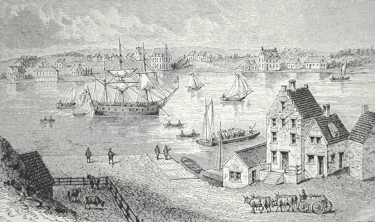 De veerboot, New York, ca. 1750 door School American