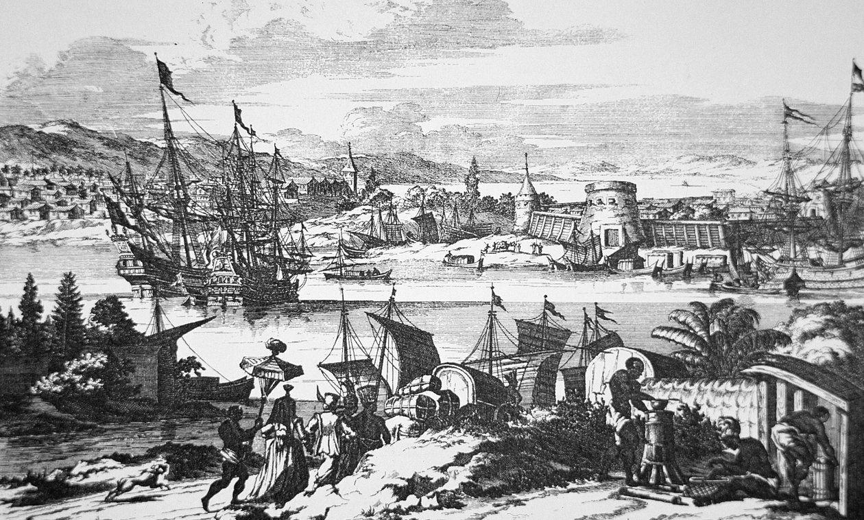 Uitzicht op St. Augustine, Florida in de 17e eeuw door School American