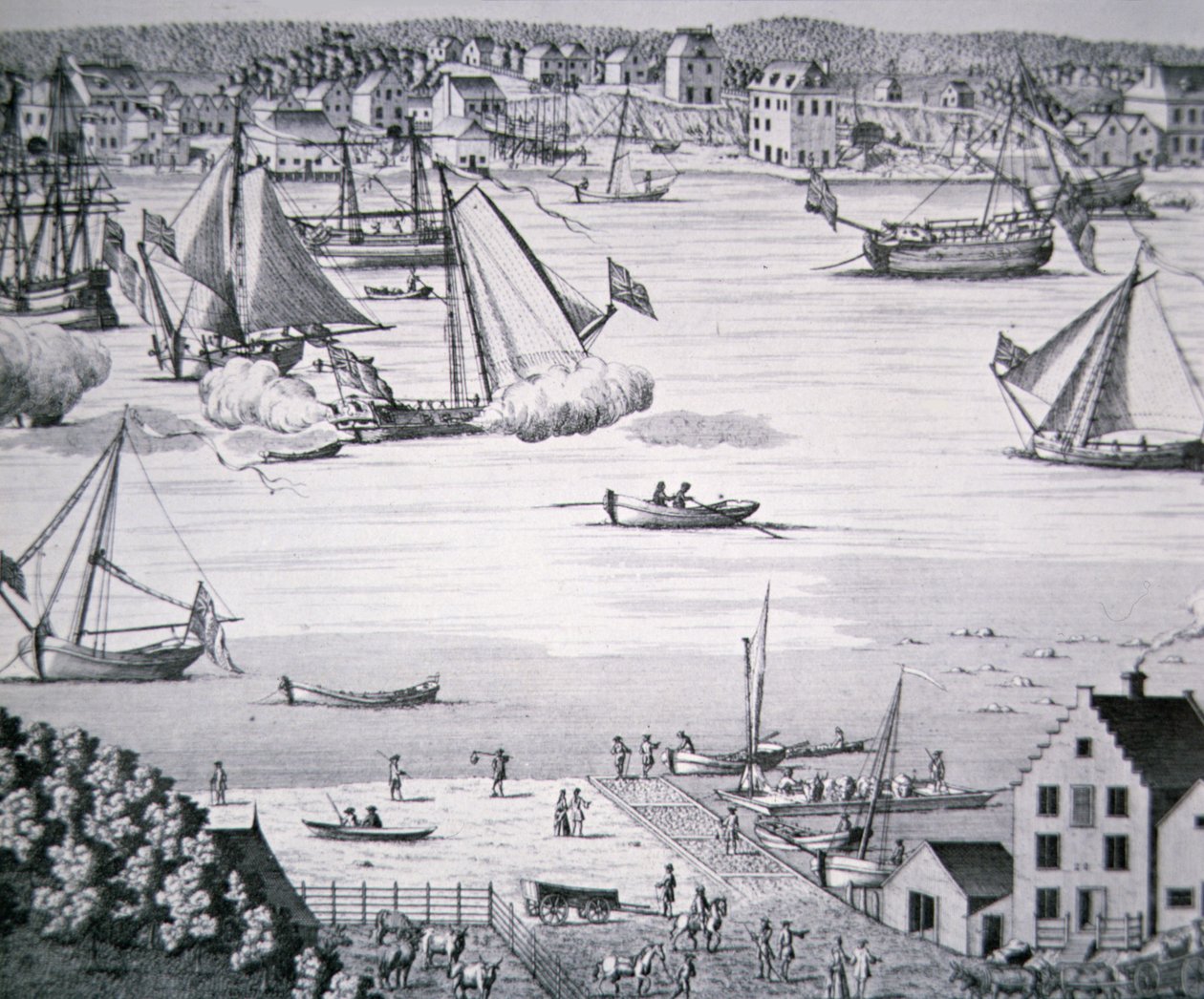 Uitzicht op de East River, New York ca. 1750 met een scheepsbouwcentrum (litho) door School American