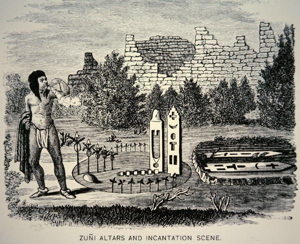 Zuni-stamlid blaast stuifmeel over een Pueblo-heiligdom (gravure) door School American