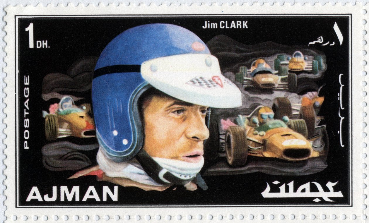 VAE postzegel met Schotse autocoureur Jim Clark (1936-1968) door School Arabic