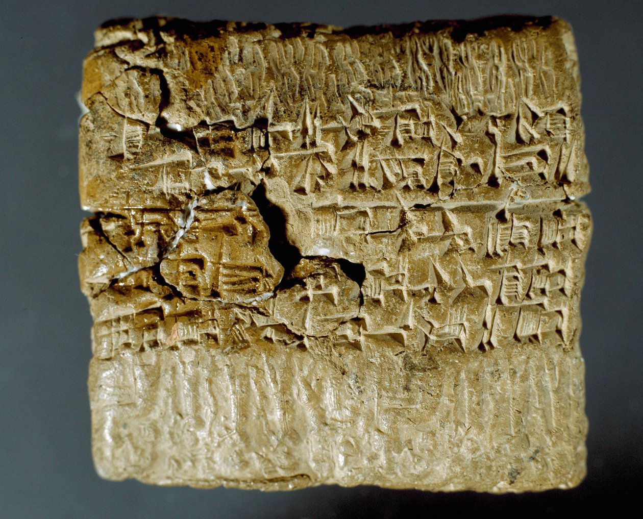 Assyrische beschaving: gegraveerde doos met spijkerschrifttekens over de productie van twee zilvermijnen. Istanboel, Archeologisch Museum door School Assyrian