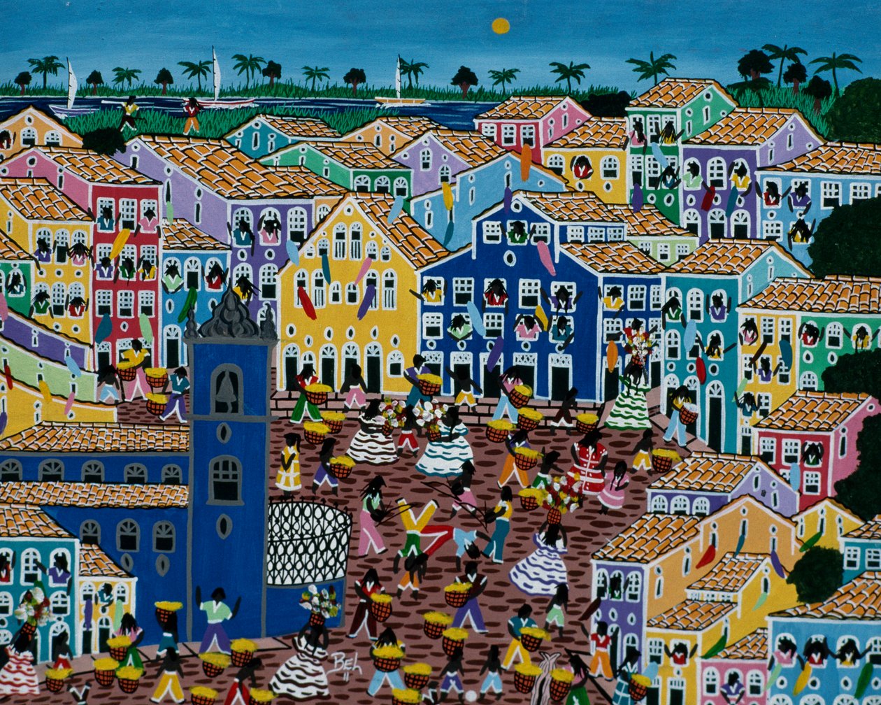 Naïeve kunst schilderij dat markt uitbeeldt, Bahia Staat, Brazilië door School Brazilian