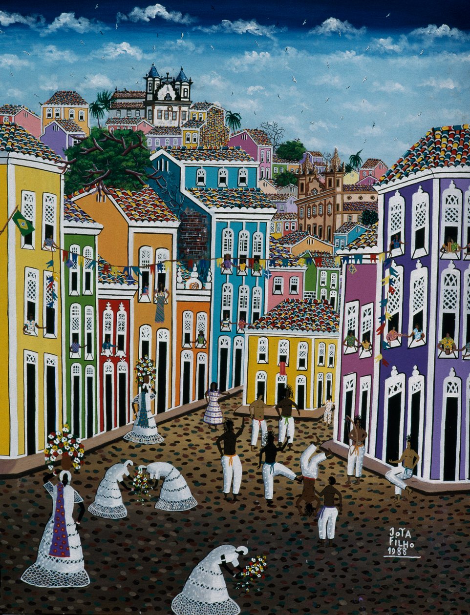 Naïeve kunst schilderij met straattafereel, Bahia State, Brazilië door School Brazilian