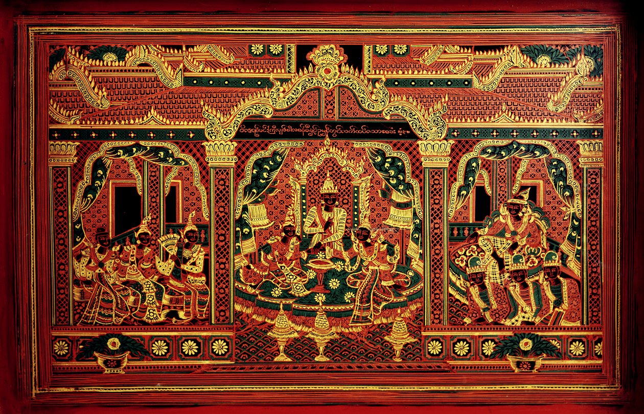 Detail van een manuscriptkist uit Myanmar door School Burmese