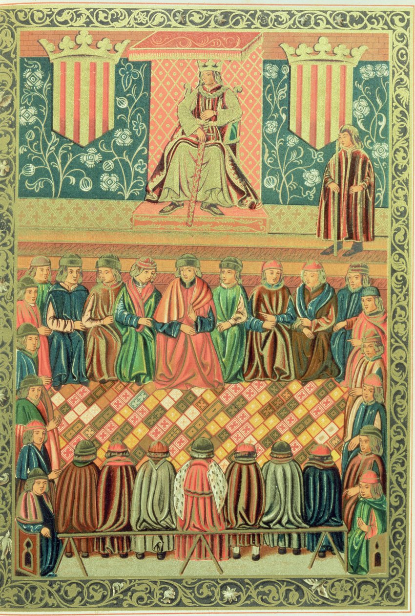 Koning Jacobus I de Veroveraar zit de Cortes van Lleida voor in maart 1242, uit een manuscript van de 