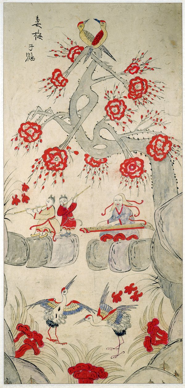 Een paneel van een achtvoudig scherm met beroemde verhalen uit China (natuurlijke pigmenten op papier) door School Chinese