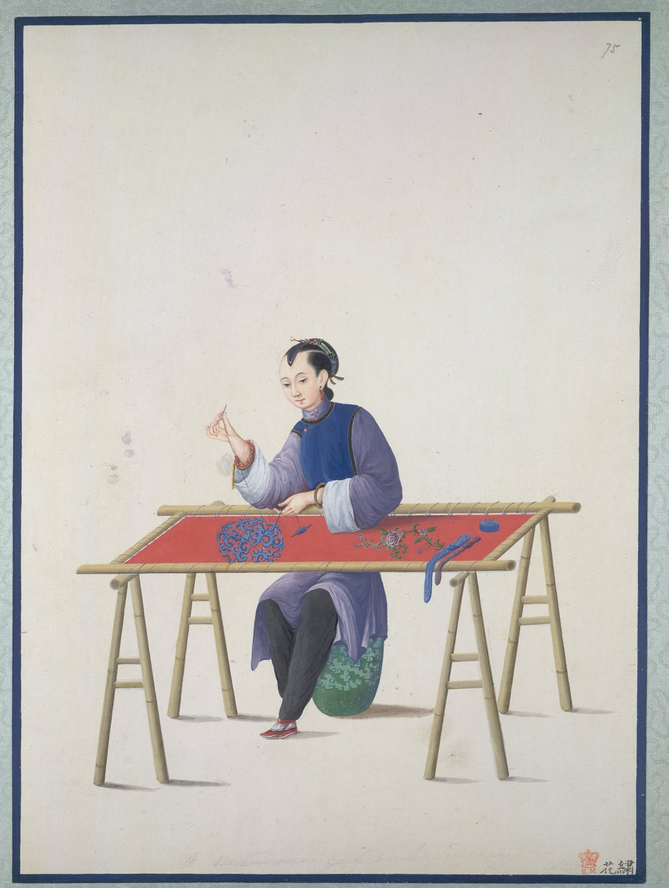 Een vrouw aan het borduren, c.1800 door School Chinese