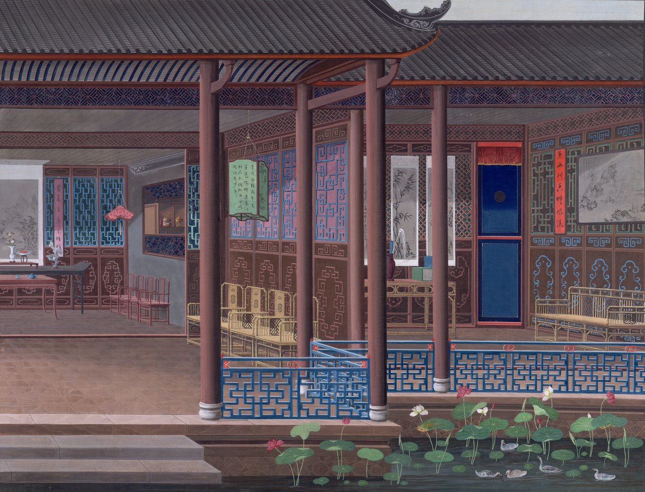 Tekening van het interieur van het huis van een Chinese ambtenaar door School Chinese