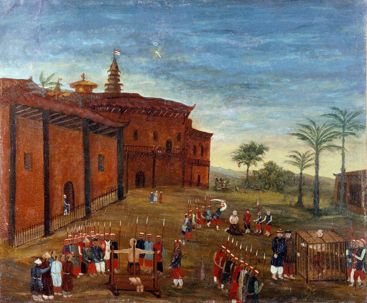 Chinese kunst: scènes van marteling en executies van gevangenen. 19e-eeuwse schilderij door School Chinese