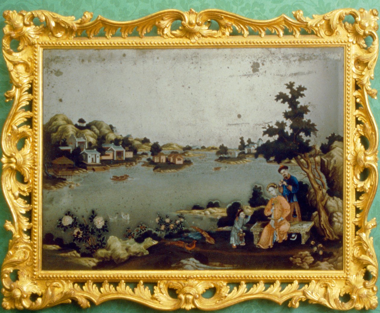 Chinese spiegel schilderij van landschap, muziek en vers door School Chinese