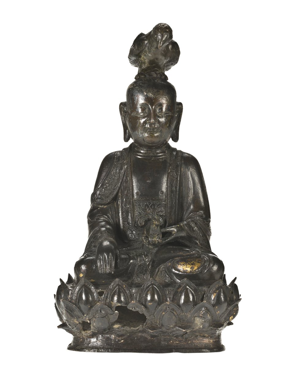 Beeld van Guanyin, de Chinese godin van genade, zittend op een lotusontwerp met een raaf op haar hoofd en een konijn in haar linkerhand door School Chinese