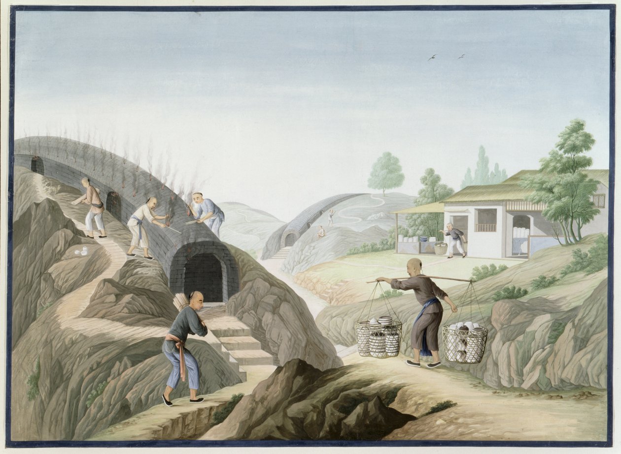 Vervaardiging van porselein: Het bakken van de Drakenoven (aquarel en gouache op papier) door School Chinese