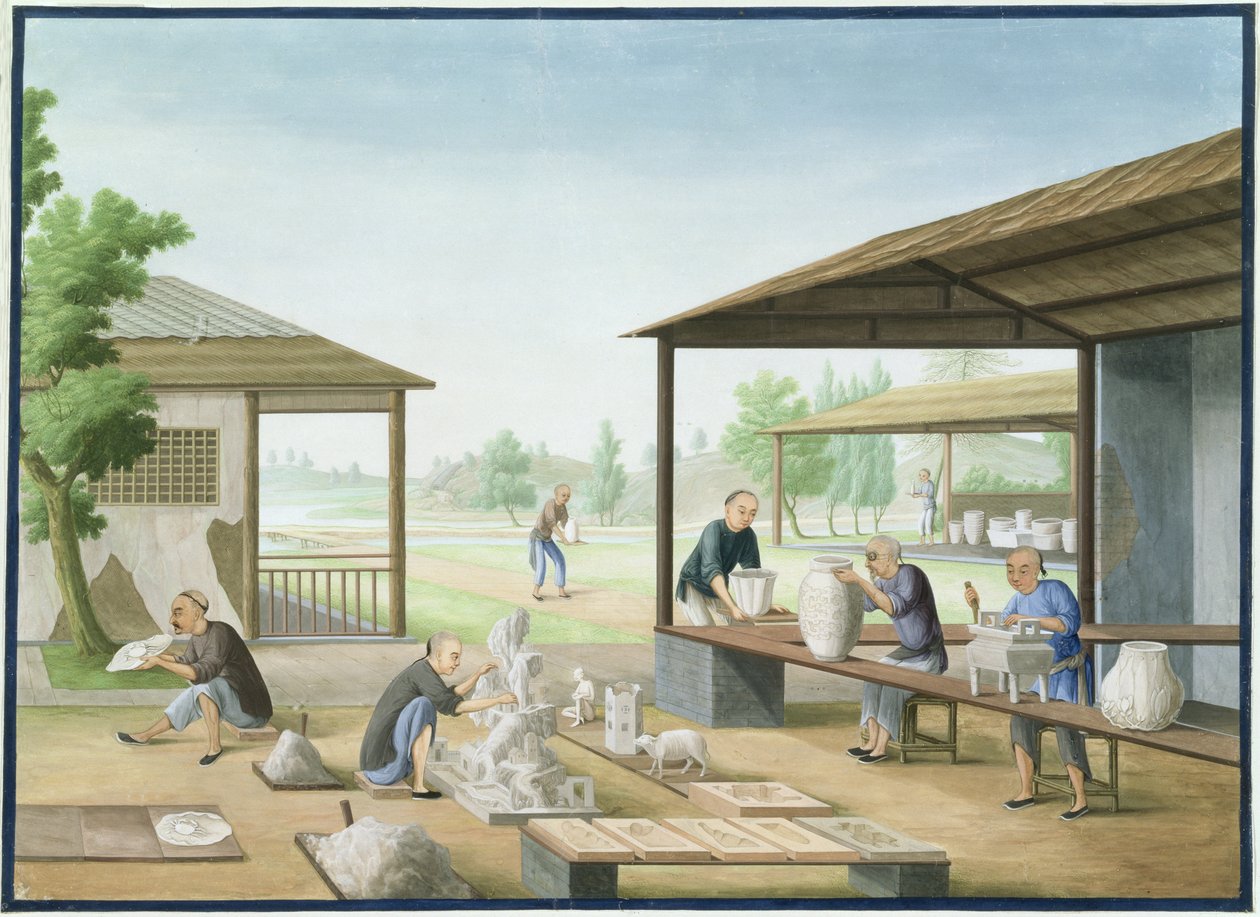 Vervaardiging van porselein: Modelleren en gieten met de hand (aquarel en gouache op papier) door School Chinese