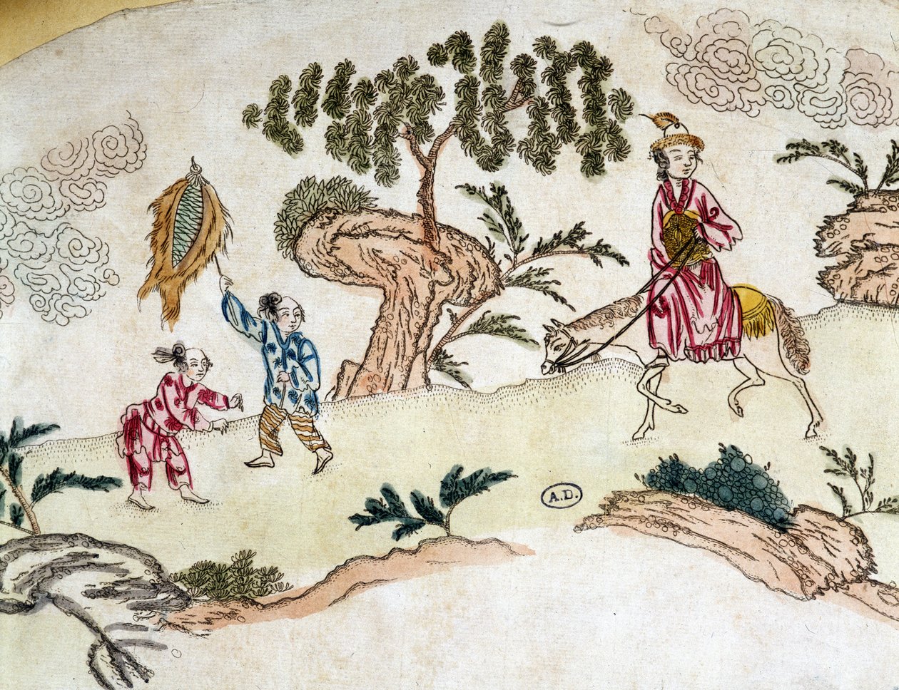 Adellijke vrouw te paard en kinderen vliegeren - Chinese prent, circa 1800 door School Chinese