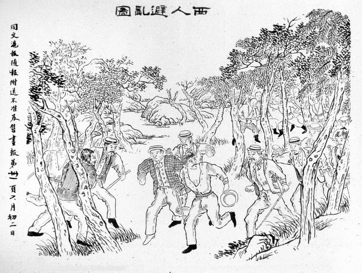 Opstand van de Boxers: De Europeanen vluchten voor de Boxers. Illustratie gepubliceerd in de Shanghai Toung-Ouen-Hou-Pao krant. Ca. 1899. door School Chinese