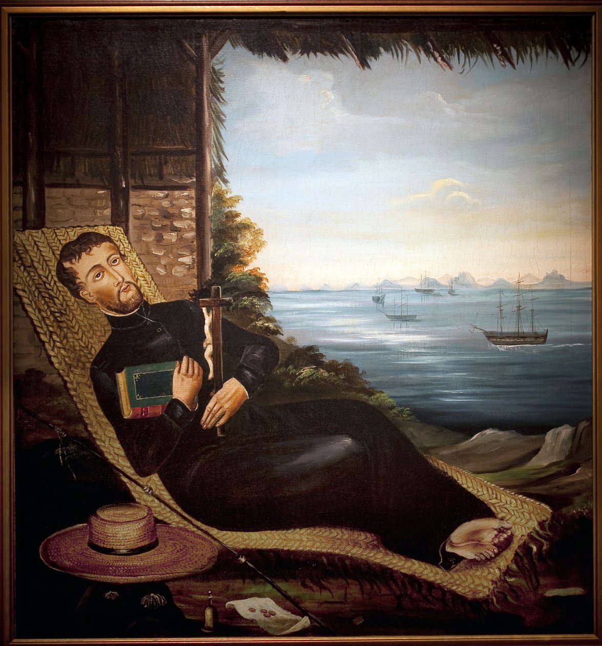 Saint Francois Xavier rustend voor de baai van Hong Kong (China). Schilderij van de Hong Kong werkplaats, olieverf op doek, circa 1850. Port Louis Museum door School Chinese