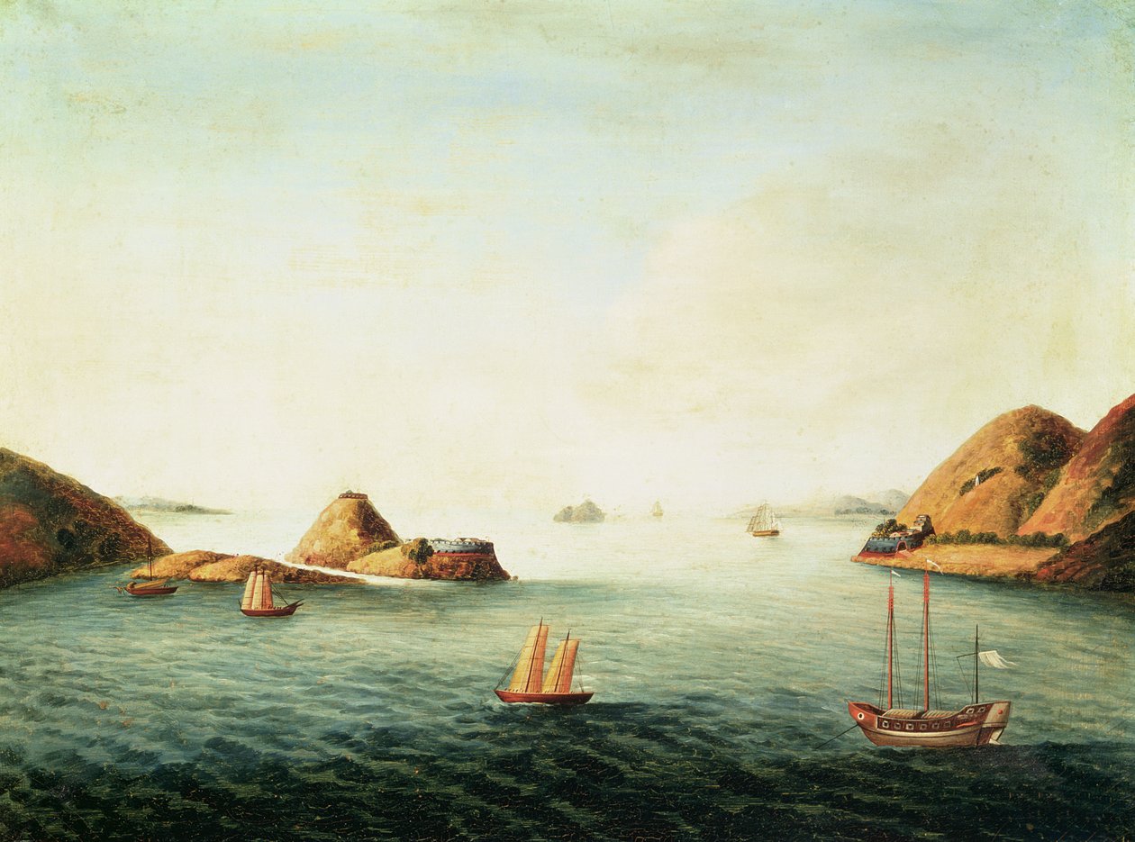 Gezicht op de Boca Tigris op de Parelrivier, omstreeks 1830 (olieverf op doek) door School Chinese