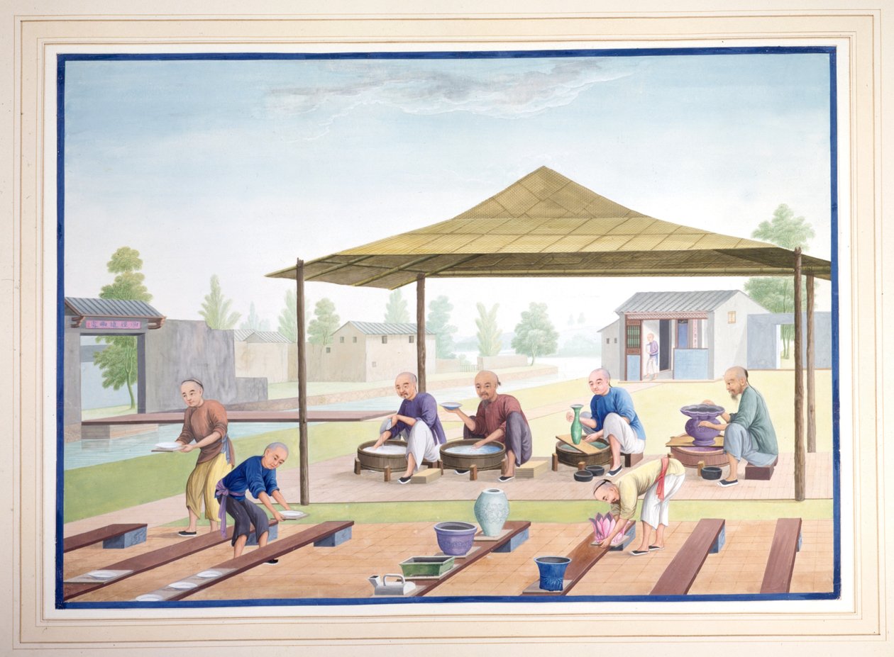 Werklieden brengen het glazuur aan, ca. 1825 (gouache op papier) door School Chinese