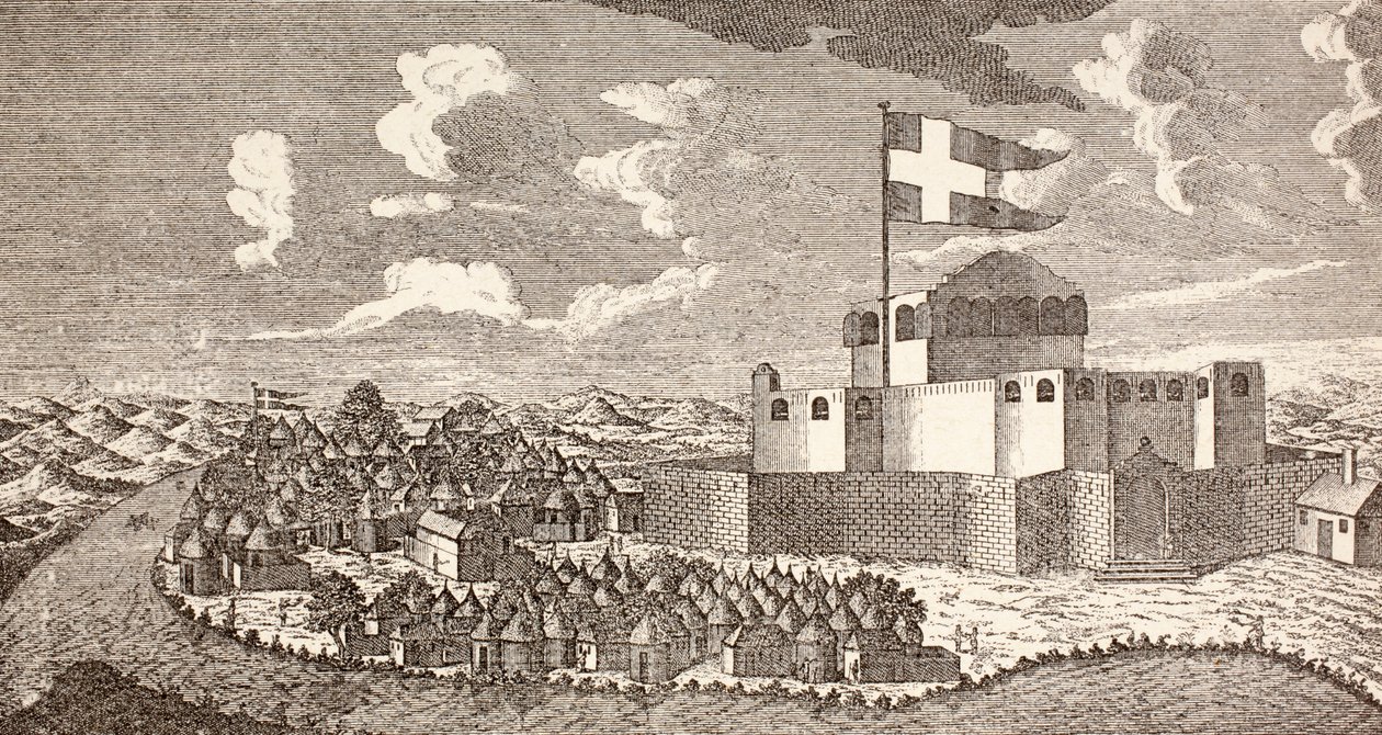 Deens koloniaal fort Fredensborg, Ningo, Ghana zoals het was in 1760, uit 