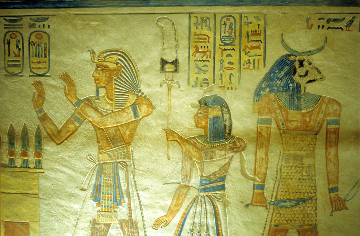 Oud Egypte, schilderij/gravure, Amon hir Khopshef graf, Rameses III met zijn zoon Amon-Hir die een standaard draagt door School Egyptian