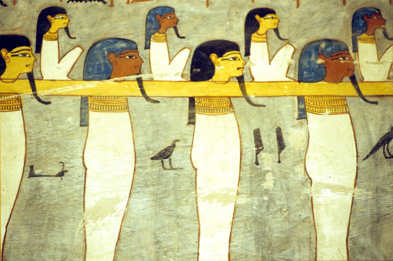Oude Egypte, schilderij, Goden van de onderwereld vastgebonden aan Hathor, goddelijke koe, die de zonnebark sleept, Tombe van Ramses I, Thebe door School Egyptian