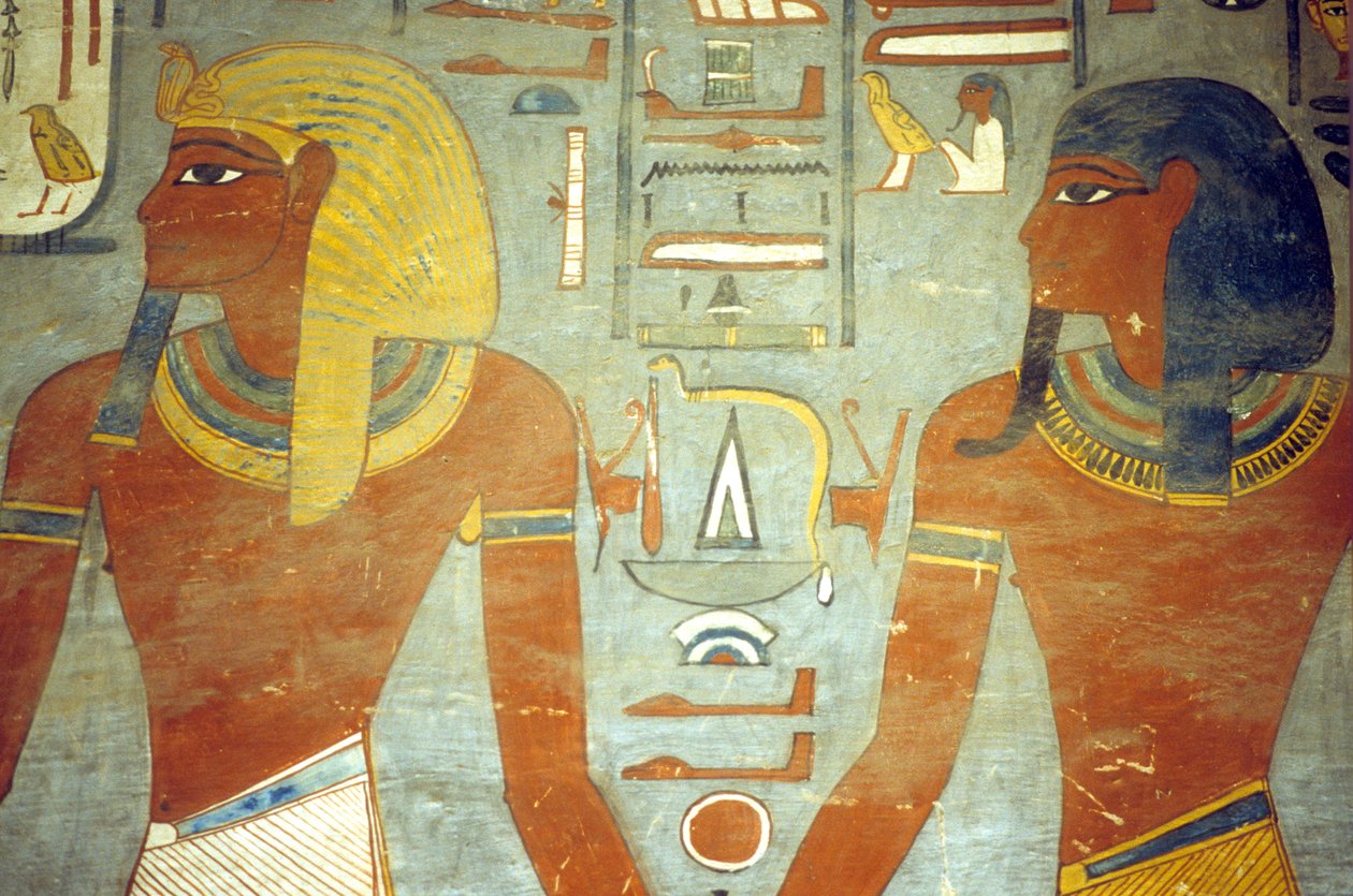 Oud Egypte, Schilderij, Graf van Ramses I, Ramses I met de God Harsiesis door School Egyptian