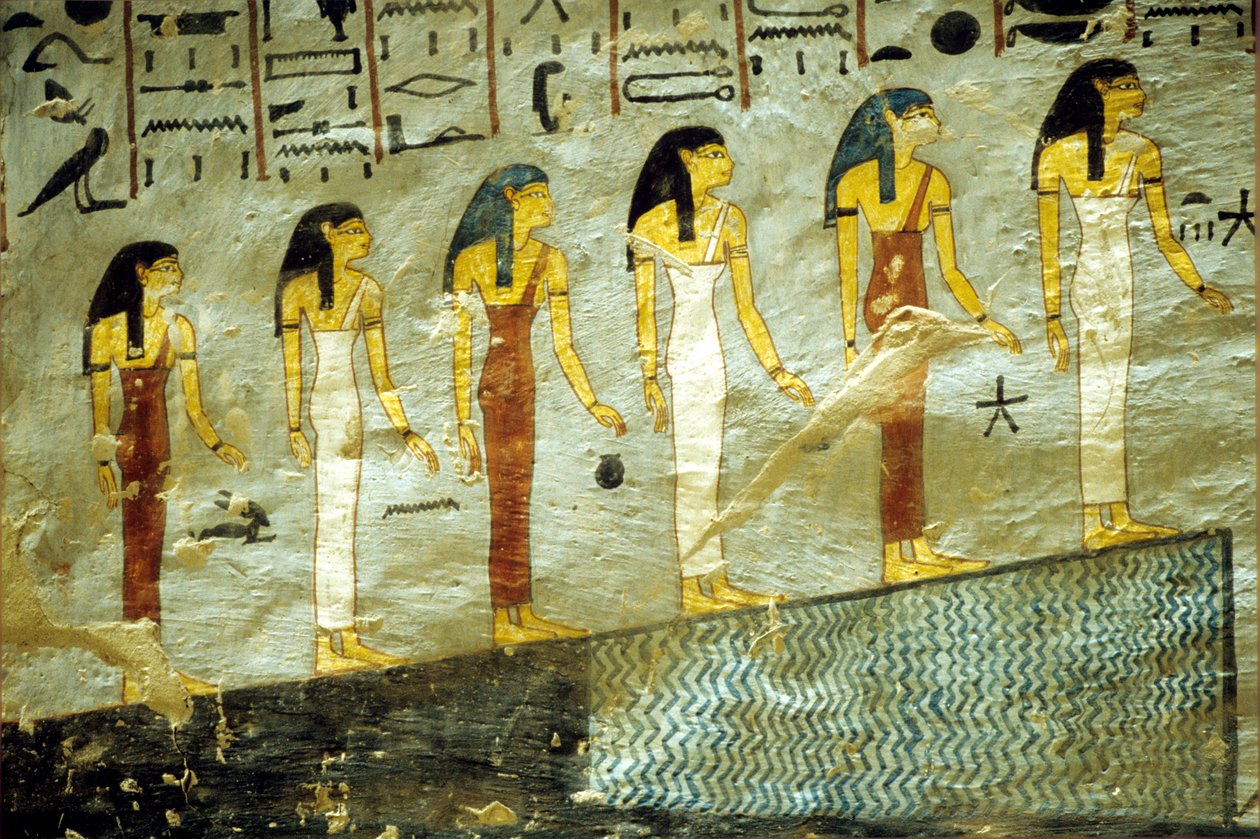 Oud Egypte, schilderij, graf van Ramses I, Thebe, zes godinnen die de eerste zes uren van de nacht vertegenwoordigen, een berg beklimmend waaronder een vijver ligt door School Egyptian