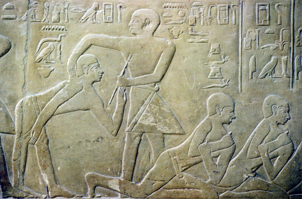 Dorpoudsten gedwongen om hun foutieve belastingaangiften toe te geven aan klerken, Tomb of Merereuka, 6e Dynastie door School Egyptian