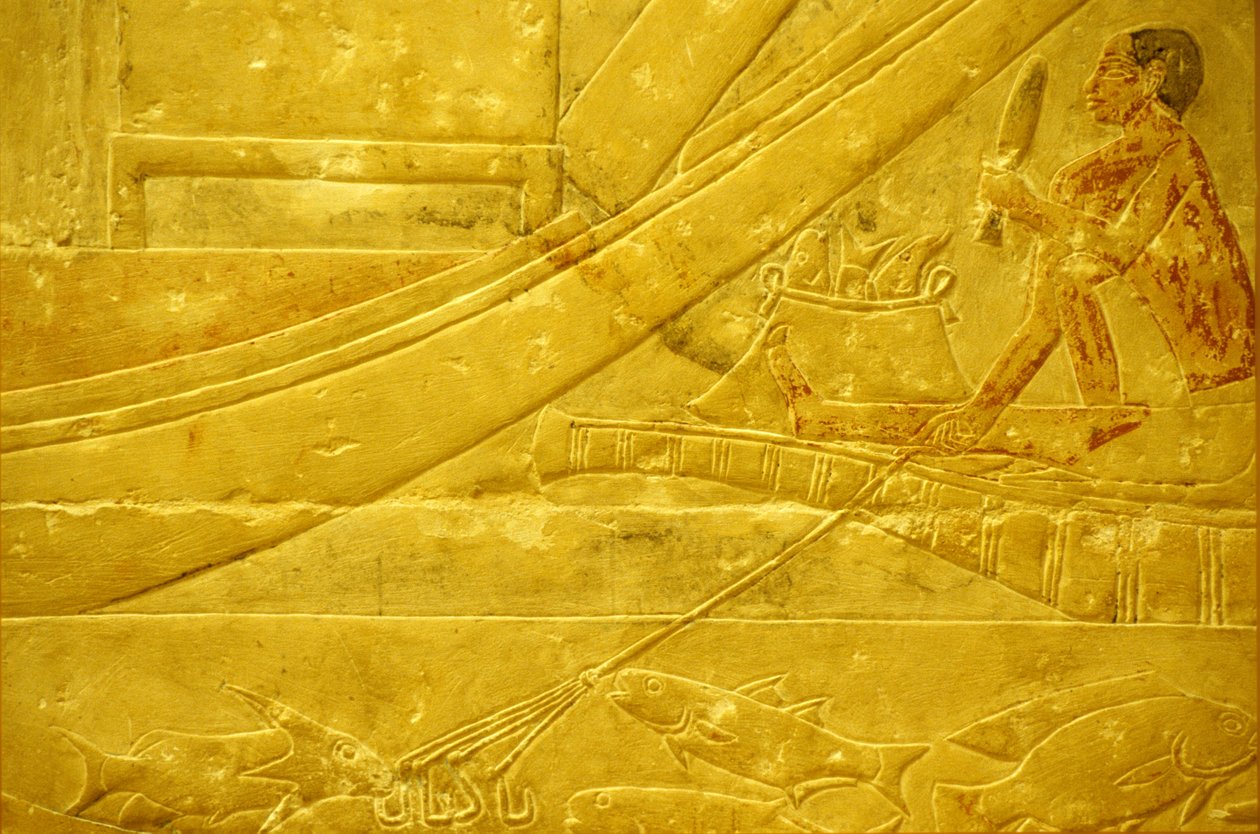 Oude Egypte, muurgravure, Mastaba/Tombe van Idout, Saqqara, 2323-2150 v.Chr., een visser die vis schubt en een vierpuntige speer vasthoudt door School Egyptian