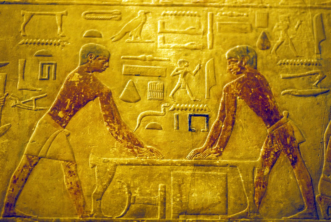Oud Egypte, Muurgravure/schildering, Mastaba/Graf van Ti, 5e Dynastie, Saqqara, Werkers die hout polijsten door School Egyptian