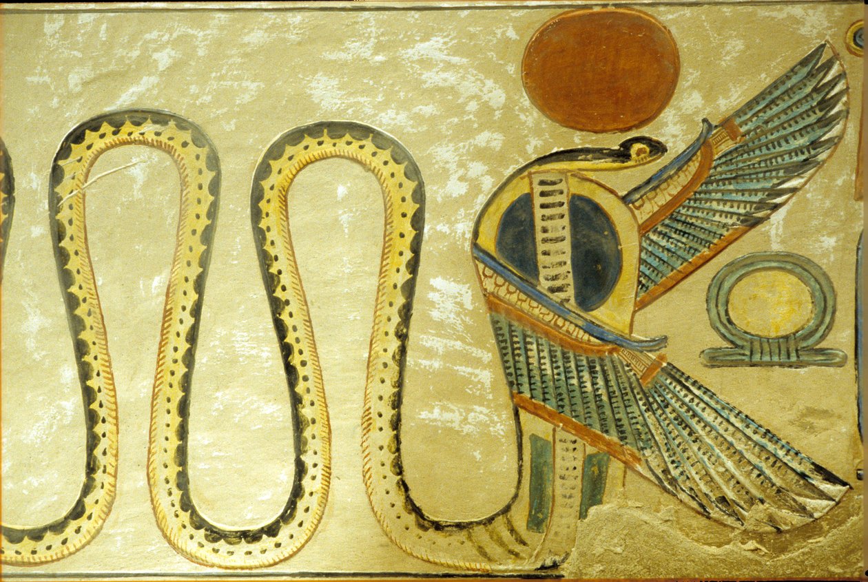 Oud Egypte, Muurschildering, Graf van Amon hir Khopshef, Uraeus en gevleugelde slangen bewaken de ingang van de grafkamer, 20e dynastie, Vallei der Koninginnen door School Egyptian