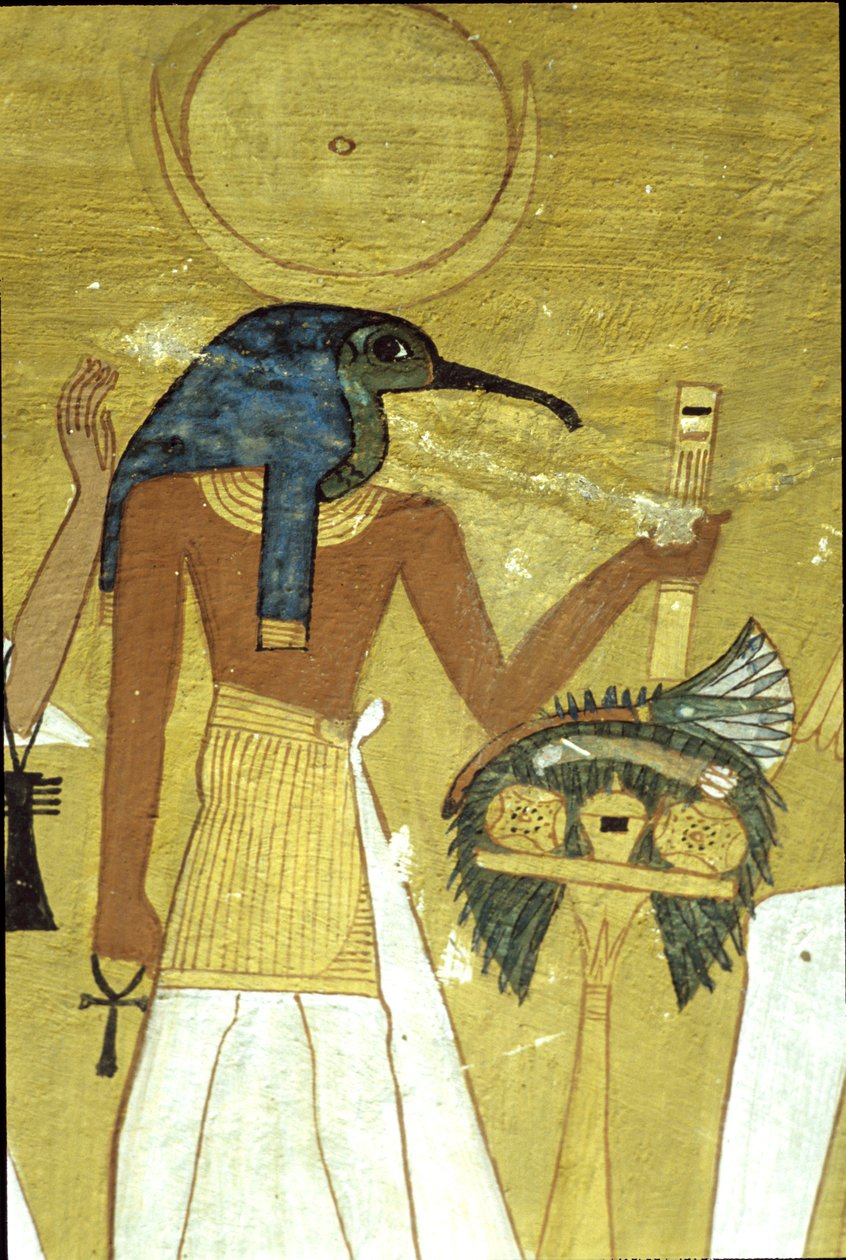 Oude Egypte, muurschildering, Tombe van Inherkhau, Thebe, God Thoth introduceert de overledene aan Osiris, 20e dynastie, Ibis-hoofdige God met maanschijf door School Egyptian