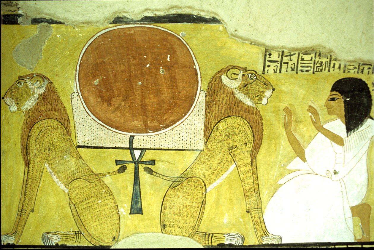 Oude Egypte, muurschildering, Tombe van Inherkhau, Thebe, Inherkhau aanbidt twee leeuwen, bewakers van vandaag en morgen, 20e dynastie door School Egyptian