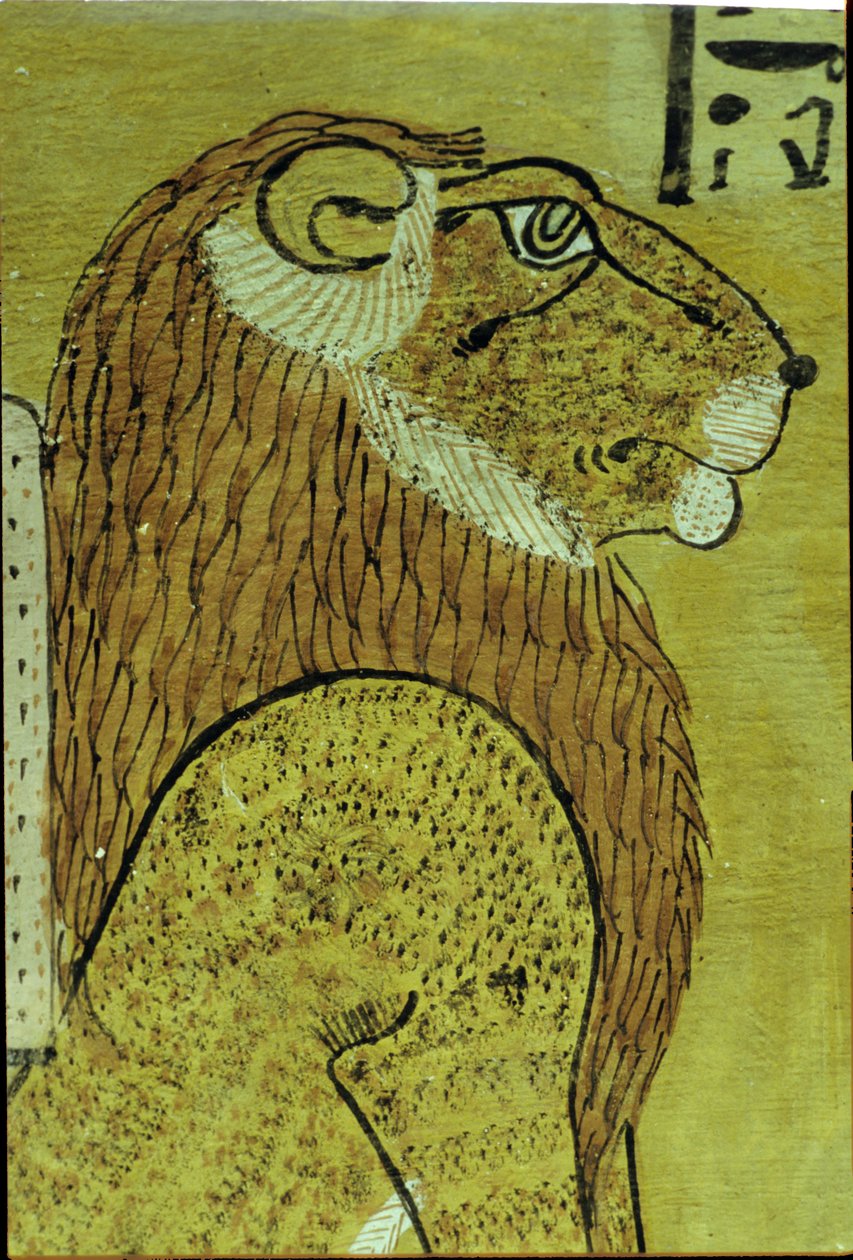 Oud Egypte, Muurschildering, Graf van Inherkhau, Thebe, Een van de twee leeuwen, bewakers van vandaag en morgen, 20e dynastie door School Egyptian