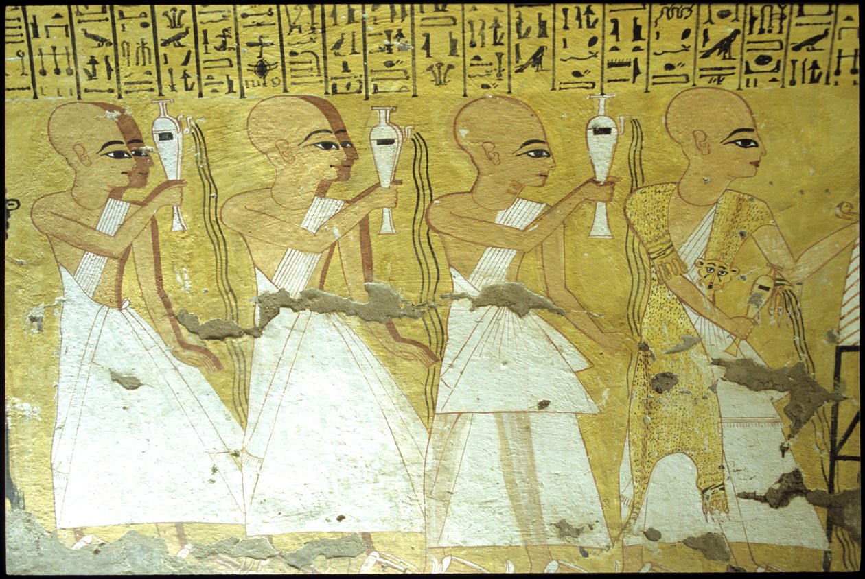 Oude Egypte, muurschildering, Tombe van Inherkhau, Thebe, Tombe van de Edelen, 20e dynastie, priesters gieten plengoffers voor Inherkhau door School Egyptian