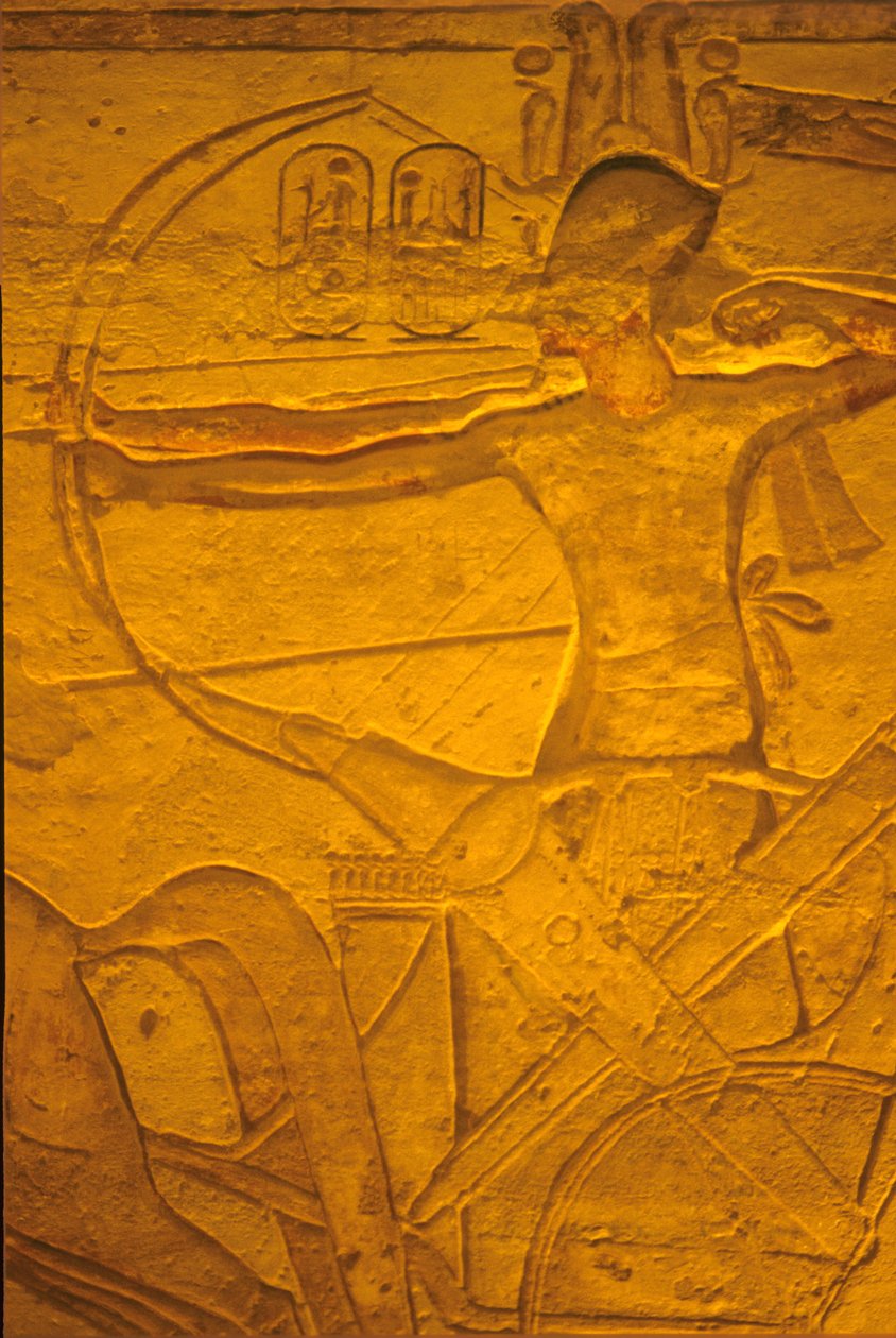 Oud Egypte, Muurschildering/beeldhouwwerk, Ramses II in zijn strijdwagen bij de slag om Kadesh, Tempel van Ramses II en Nefertari, Abu Simbel door School Egyptian