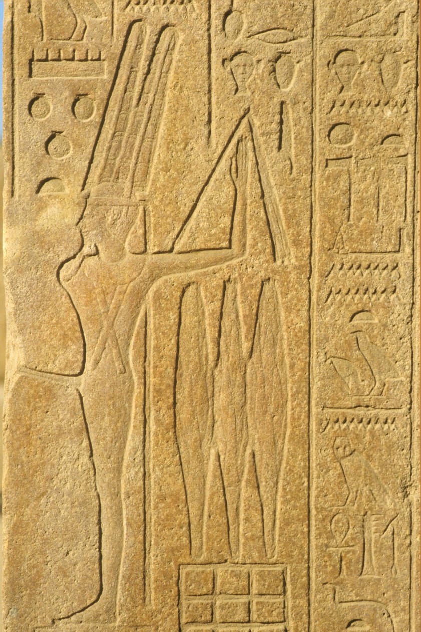 Oud Egypte, Muur schildering/gravure, De God Min, Karnak Tempel, Luxor, God van vruchtbaarheid, Houdt een dorsvlegel door School Egyptian