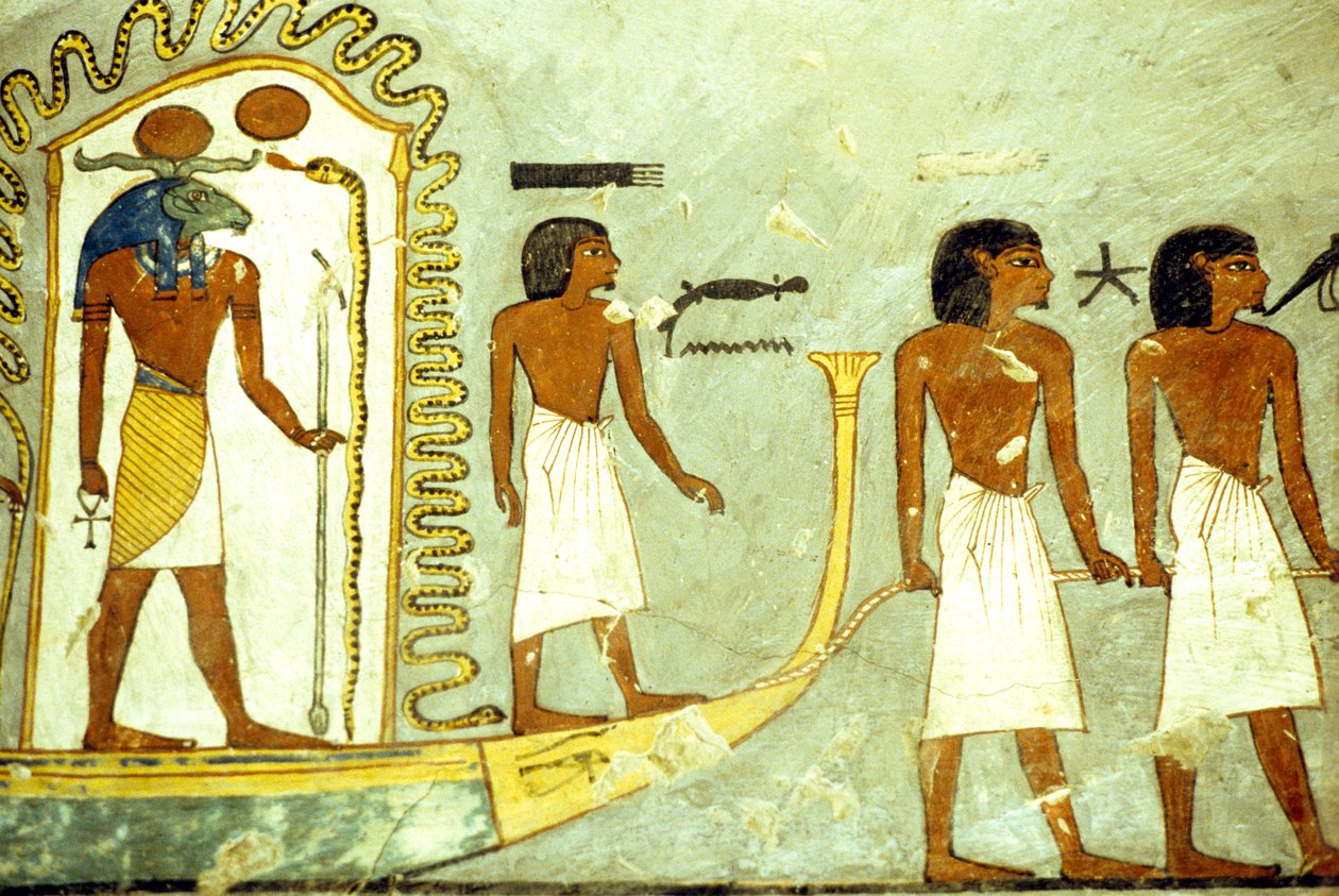 Oude Egypte, muurschildering, Reis door de onderwereld, boot getrokken door mannen, Graf van Ramses I, Thebe door School Egyptian