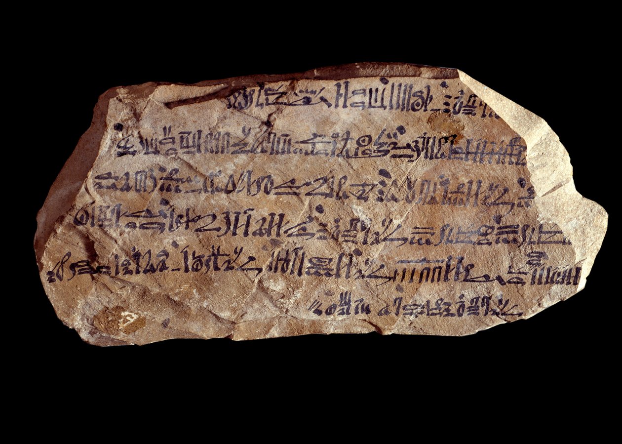 Kunst van het oude Egypte: ostrakon (of ostracon) (meervoud: ostraca of ostraka) hiëratisch (potscherven waarop heilige dingen zijn geschreven). Nieuwe rijk van Egypte. Parijs, Musée du Louvre door School Egyptian