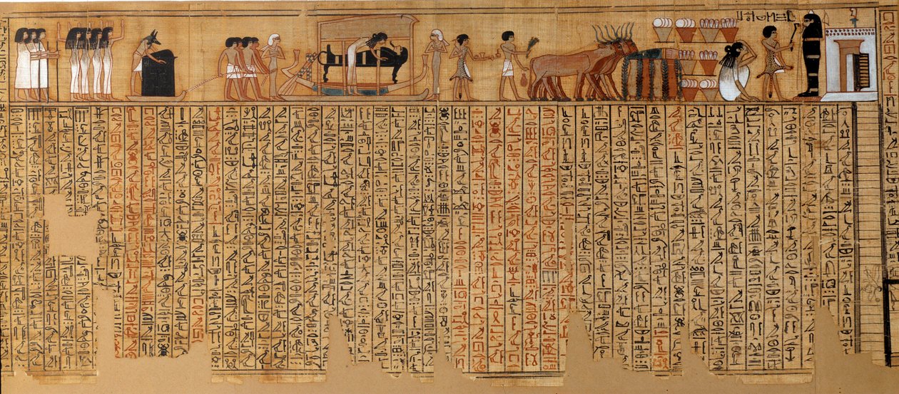 Egyptische oudheid: Dodenboek, Papyrus van Nebqed. Rond 1400-1350 v.Chr. 18e dynastie. Uit Thebe. Zon 6,3 m Parijs, Musee du Louvre door School Egyptian