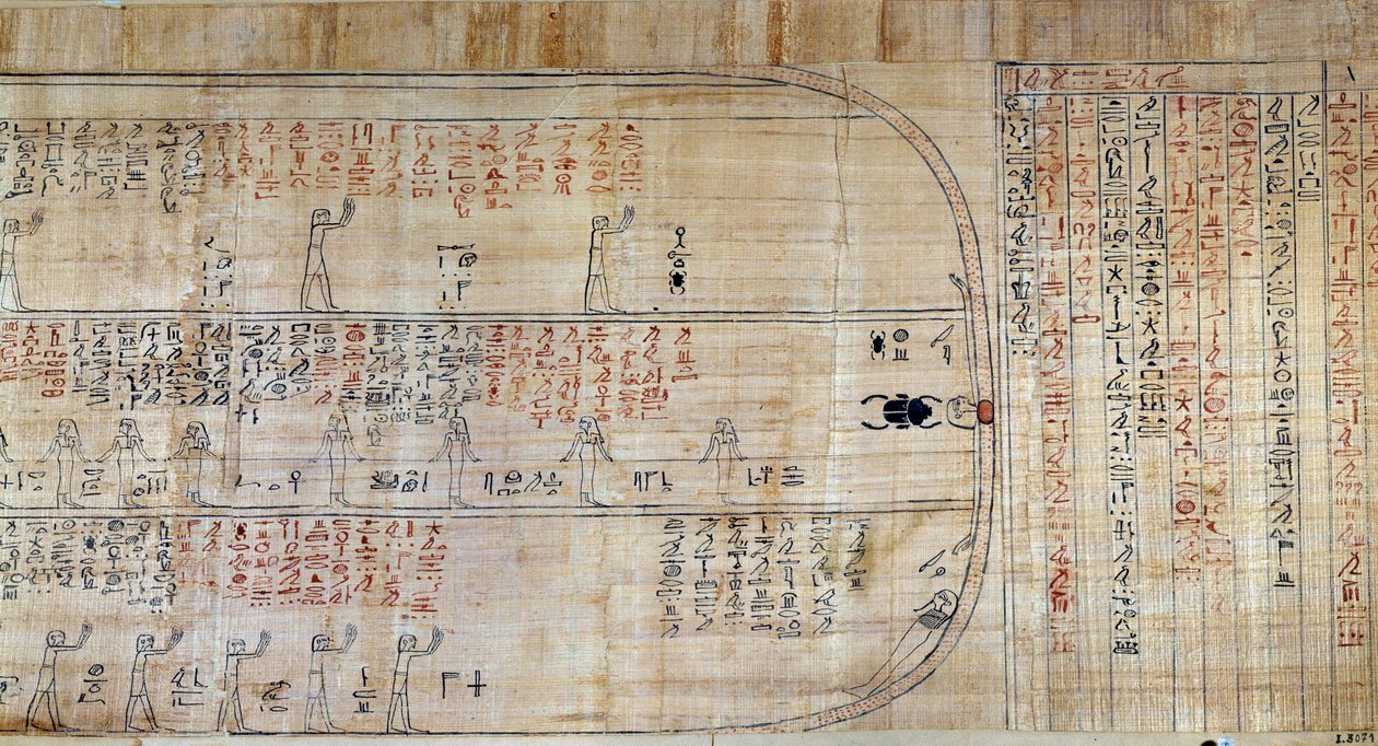 Egyptische oudheid: Papyrus uit het Boek van Geheime Huizen. Dit boek is een becommentarieerde weergave van de ondergrondse reis van de zon tijdens de twaalf uren van de nacht. Eerst getekend op de muren van de koninklijke graven, werd het daarna overgesch door School Egyptian