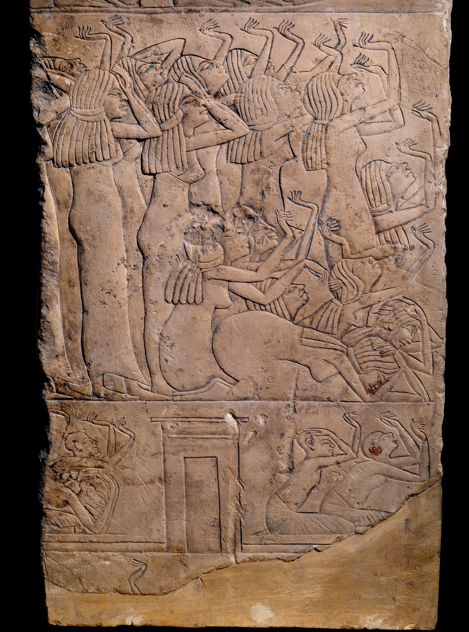 Egyptische oudheid: memphitische tombe van Horemheb in Saqqarah, reliëf: rouw bij de begrafenis van Horemheb. 18e dynastie (circa 1550-1295 v.Chr.) door School Egyptian
