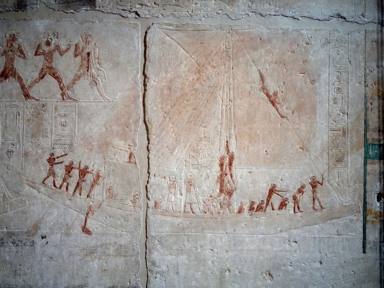 Egyptische oudheid: navigatiescène. Kalkstenen reliëf uit de Kapel van Mastaba van Akhethetep in Saqqara. 5e dynastie (rond 2500-2350 v.Chr.) 2300 v.Chr. Parijs, Louvre Museum door School Egyptian