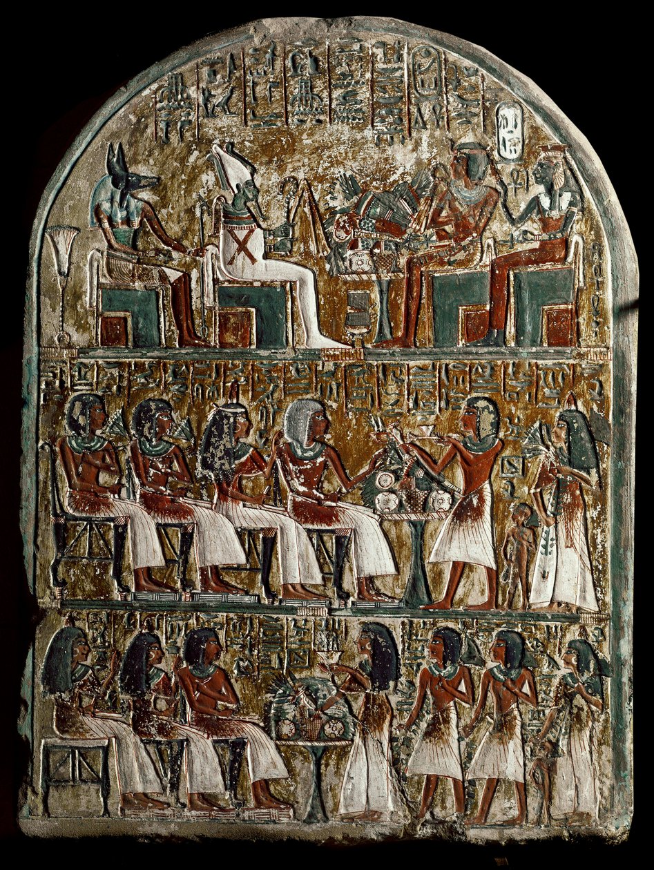 Egyptische oudheid: stele van Irynefer, bovenaan de goden Osiris en Anubis tegenover Amenophis I en Ahmes Nefertari; in het midden Irynefer, zijn vrouw Mehytkhaty en hun dochter Hathor brengen het grafoffer aan hun ouders, onderaan Hathor volwassen door School Egyptian