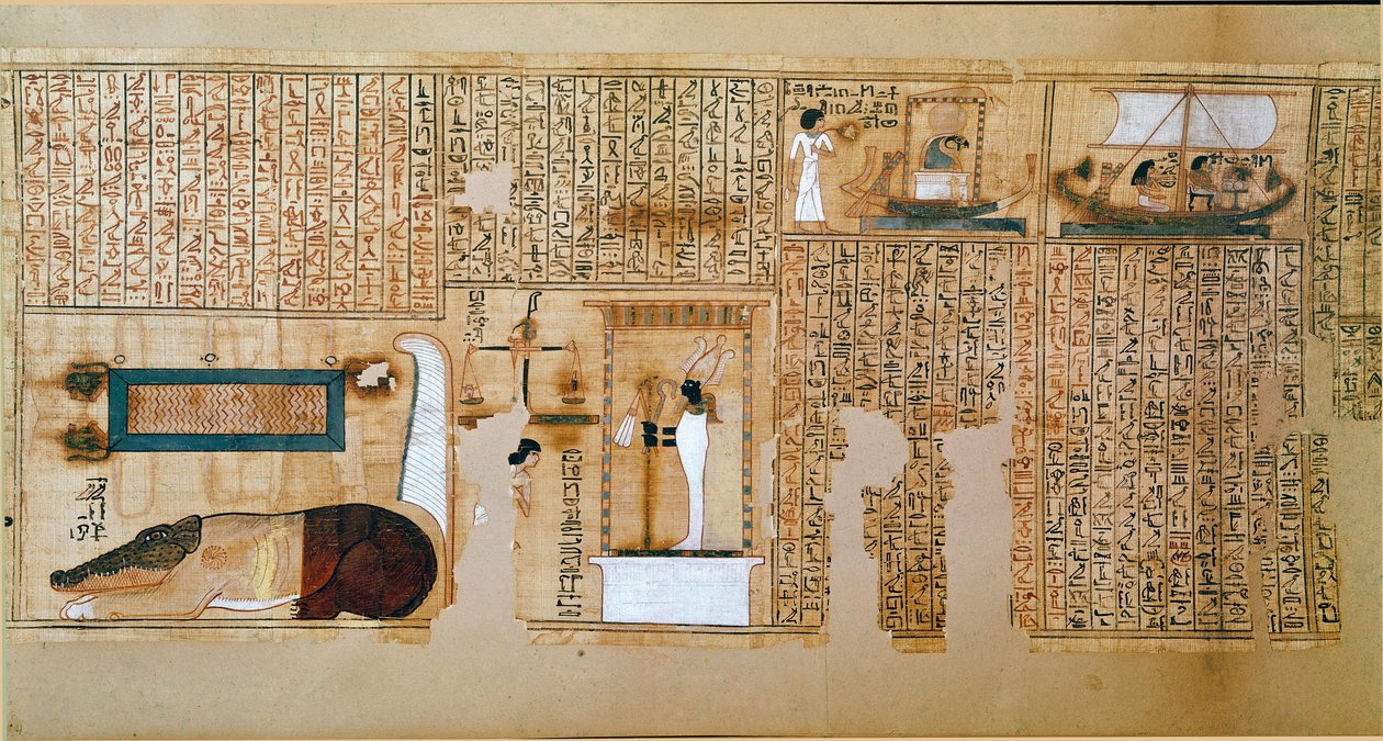 Egyptische oudheden: fragment van het Dodenboek, papyrus van Nebqed. Detail dat het wegen van zielen voorstelt. 18e dynastie. 1400-1350 v.Chr. Parijs, Louvre Museum door School Egyptian